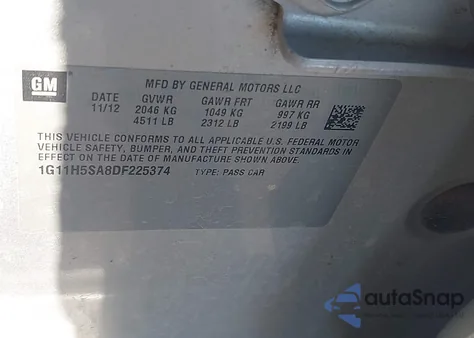 2013 Chevrolet Malibu 1Lz из США, поврежденный, VIN 1G11H5SA8DF225374